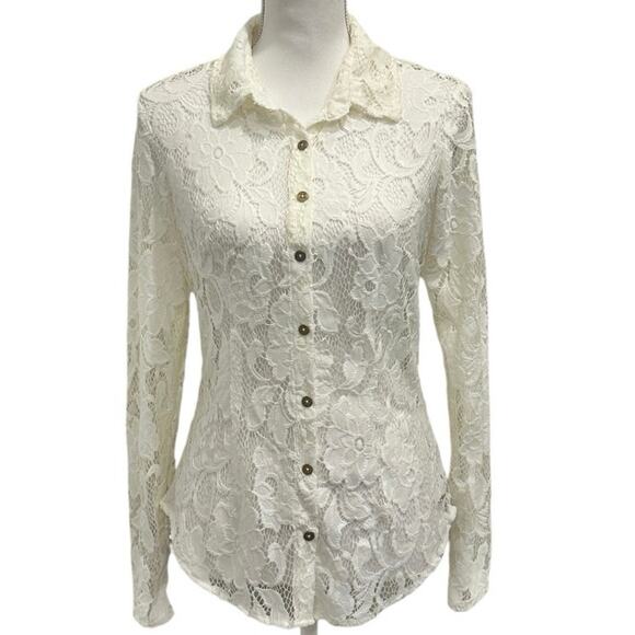 GUESS Y2K Cloud White Stretch Floral Lace Button Blouse Office Career Coquette - Picture 2 of 10